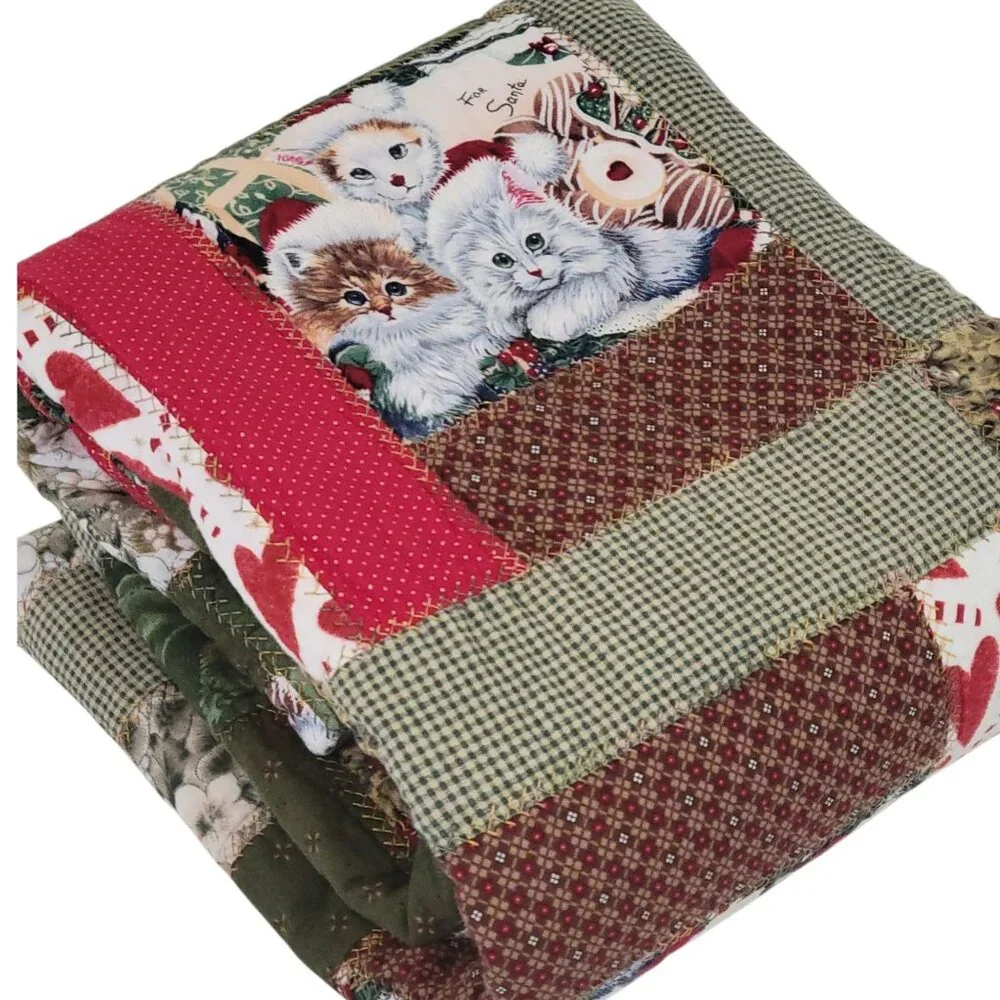Handmade Christmas Kittens Patchwork Quilt Throw Lap 33